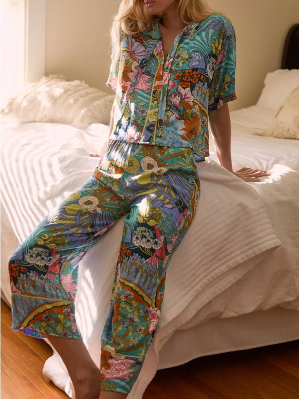 By Anthropologie Utility Multicolor Button Front Wide Leg Crop Pant Lounge Set